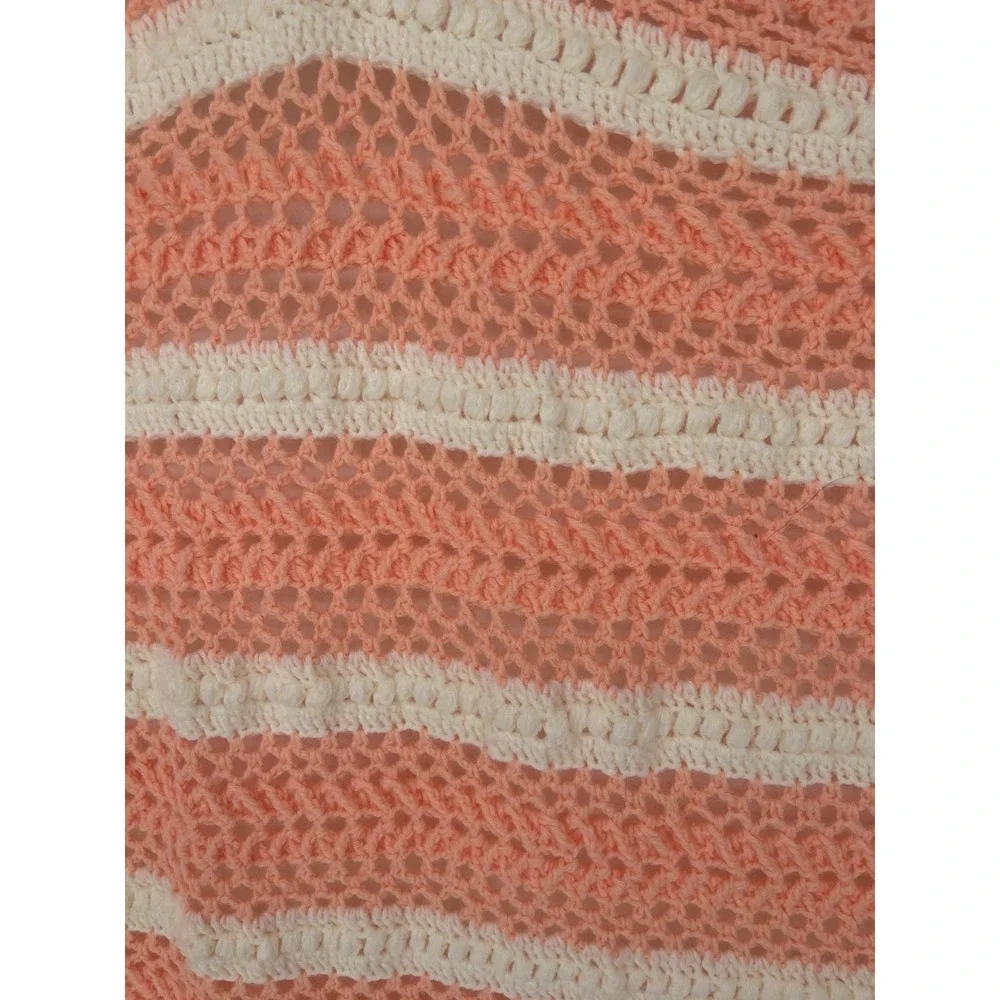 VINTAGE CROCHET‎ HAND KNITTED PEACH And White THROW BLANKET